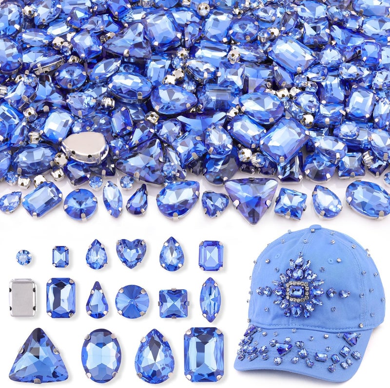 TINKRSTUFF 120 PCS Light Blue Bedazzling Sew on Rhinestones, Mixed Shape Charms Claw Flatback Glass Rhinestone with Metal Base for Crafting, Large Gems for Clothes Shoes Hats Collars Bags & Sewing Accessories - Image 1